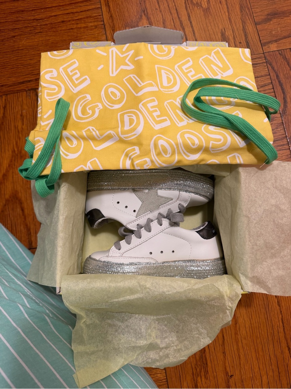 New - Golden Goose Kids White Sneakers with Silver Glitter Trim